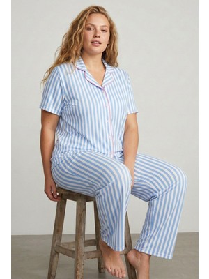 Siyah İnci Desenli Pamuklu Düğmeli Curve Büyük Beden Battal Pijama Takım