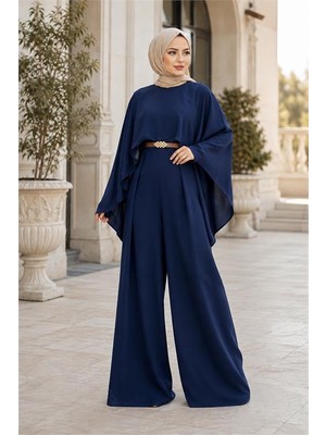 Neşeli Butik Kadın Lacivert Gold Kemer Detaylı Çıkarılabilir Pelerinli Krep Kumaş Tesettür Tulum NBTLM001