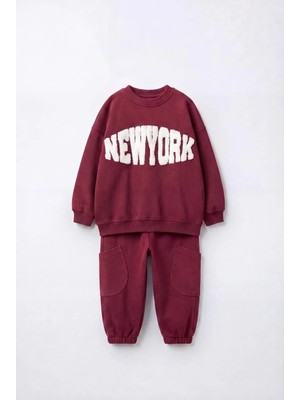 Magu Çocuk New York Yazı Detaylı Sweatshirt ve Eşofman Altı Takımı