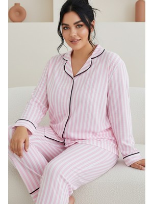 Siyah İnci Desenli Pamuklu Düğmeli Curve Büyük Beden Battal Pijama Takım