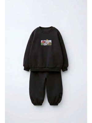 Çocuk Magu Figürlü Siyah Sweatshirt ve Eşofman Altı Takımı