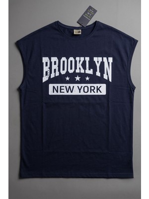 Insane Minds Brooklyn Series: Siyah Varsity Baskılı Kolsuz Oversize Erkek T-Shirt