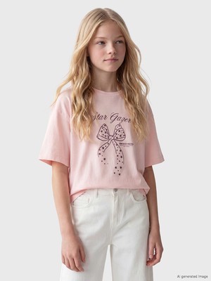 LC Waikiki Lcw Kids Pembe Bisiklet Yaka Baskılı Kız Çocuk Tişört