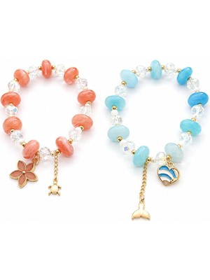 Ceyyiz Doğal Taş Boncuklu Kadın Bileklik Seti 2'li | Mavi ve Pembe Cam Boncuk Gold Charm Detaylı