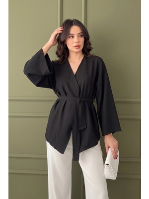 Pastelastore Koyu Siyah Kadın Kuşaklı Kimono 1177