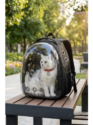 Vigi Store Premium Deri Astronot Kedi Taşıma Çantası Şeffaf Pet Sırt Çantası Köpek Taşıma Çantası Siyah