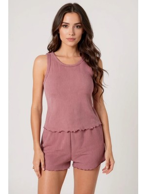 Lux Store Kadın Tozlu Pembe Kenarları Fırfırlı Şortlu Kaşkorse Gecelik Takımı