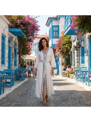 Bs Home Kadın Karatezgah Dokuma Pamuk Keten Plaj Kaftanı, Nakış Işlemeli Bohem Kimono Bornoz