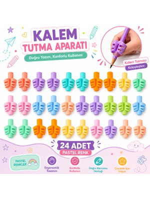 Danacı Kırtasiye Pastel Renk Kalem Tutma Aparatı 24 Adet Ergonomik Silikon Kalem Tutucu Yazı Düzeltici Çocuk ve Öğrenci Için