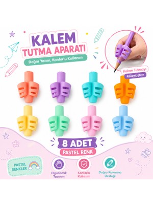 Danacı Kırtasiye Pastel Renk Kalem Tutma Aparatı 8 Adet Ergonomik Silikon Kalem Tutucu Yazı Düzeltici Çocuk ve Öğrenci Için