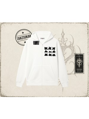 Tarzsokak Kadın Black Cats Oversize Unisex Hırka & Çeket Fermuarlı Sweatshirt Beyaz