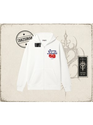 Tarzsokak Kadın Berry Infusion Oversize Unisex Hırka & Çeket Fermuarlı Sweatshirt Beyaz
