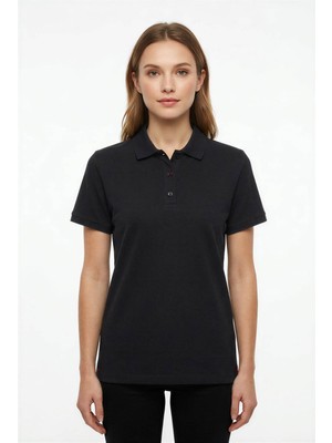 Posh Cabal Kadın Comfort Fit Logosuz-Baskısız Siyah Polo Yaka T-Shirt