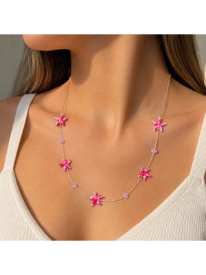 Fm 💎 Premium Parlak Gold Renk Pembe Deniz Yıldızı Figürlü Boncuk Detaylı Zincir Kadın Bijuteri Kolye (45cm)