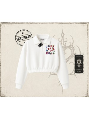 Tarzsokak Kadın Berries Kadın Crop Polo Yaka Yarım Fermuarlı Sweatshirt Beyaz