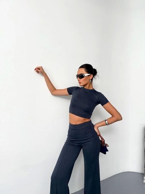 Mrayss  Osy Modal Yumuşak Dokulu Kumaş Kısa Kollu Crop Alt Ispanyol Paça Pantalon Ikili Takım - Füme