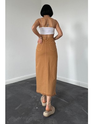 Mrayss  Camel Gabardin Boyamalı Püsküllü Etek