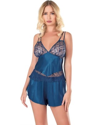 Semel Petrol Mavisi Saten Babydoll Şort Takımı