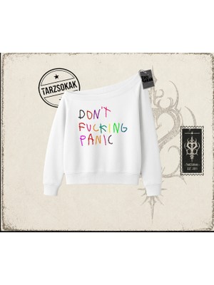 Tarzsokak Kadın Don't Fcking Panic Kadın Kayık Yaka Sweatshirt Beyaz
