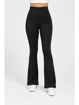 JOOQSTORE Kadın Siyah Yüksek Bel Likralı Iç Göstermez Toparlayıcı Ipanyol Paça Tayt