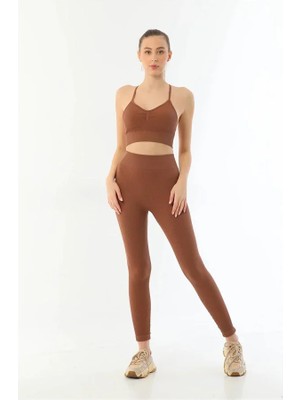 Semel Kahve Mı 3921 Soft Seamless Ripli Tayt Yoga Takımı