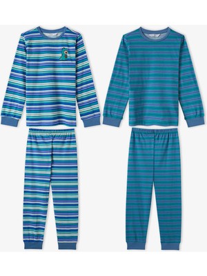 Penti Erkek Çocuk Mavi Çizgili Lovers Pamuklu Uzun Kollu 2'li Pijama Takımı