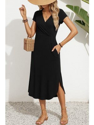 Mrayss  Kadın Kısa Kollu Hakim V Yaka Viskon Elbise