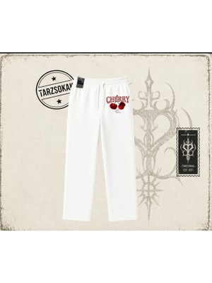 Tarzsokak Kadın Have A Nice Weekend Cherry Unisex Baggy Eşofman Altı Beyaz