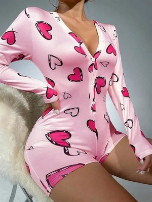 Semel Pamuklu Pembe Kalp Desenli Düğmeli Uzun Kol Tulum Pijama