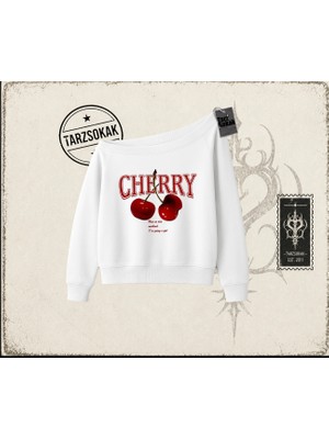 Tarzsokak Kadın Have A Nice Weekend Cherry Kadın Kayık Yaka Sweatshirt Beyaz