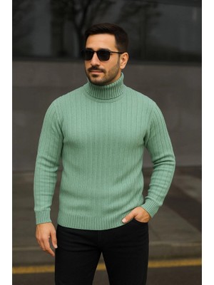 Mrayss  Erkek Balıkcı Yaka Bağazlı Triko Kazak Pamuklu Kalın Fitilli Dokuma, Regular Fit Uzun Kollu Kışlık Model - Mint Yeşili