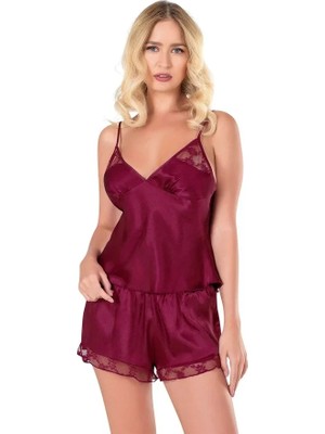 Semel Bordo Saten Babydoll Şort Takımı