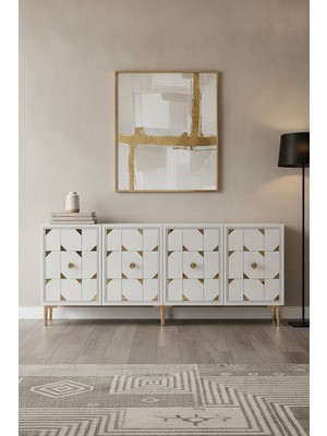 Ceneyra KA1523BG Moka Konsol ve Tv Sehpası Beyaz-Gold 150CM