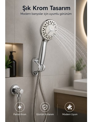 Flextail 3 Fonksiyonlu Mafsallı Duş Başlığı Seti 150 cm Hortumlu Duvara Montaj Aparatlı Krom El Duşu 3lü Set