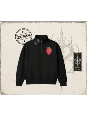 Tarzsokak Kadın Çilek Disco Unisex Polo Yaka Yarım Fermuarlı Sweatshirt Beyaz
