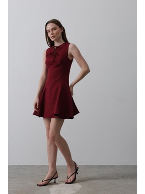 Mrayss  Fiyonk Detay Sıfır Kollu Mini Elbise - Bordo