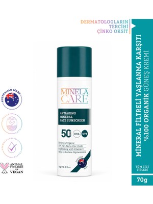 Minela Care Antiaging Organik Mineral Filtreli Yüz Güneş Kremi Spf 50 70 gr PA++++