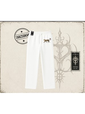Tarzsokak Kadın Leopar Kuyruk Kurdele Unisex Baggy Eşofman Altı Beyaz