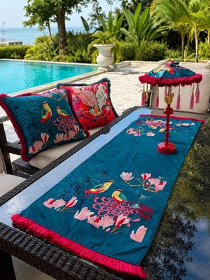 Missidea Vibrant Nature Desenli Aydınlatmalı El Yapımı Dekoratif Bali Şemsiye Seti (Led\'li Şemsiye + 2 Adet Kırlent + Runner)