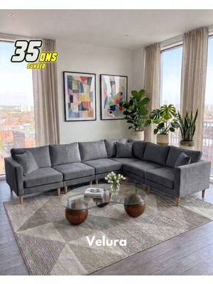 Velura Home & Living Armin Akıllı 6 Modül Köşe Koltuk Takımı & Modüler Yataklı Köşe Takımı - Kadife - Koyu Gri