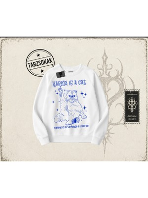 Tarzsokak Kadın Karma Is A Cat Oversize Unisex Bisiklet Yaka Sweatshirt Beyaz