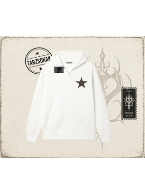 Tarzsokak Kadın Leopar Yıldız Oversize Unisex Hırka & Çeket Fermuarlı Sweatshirt Beyaz