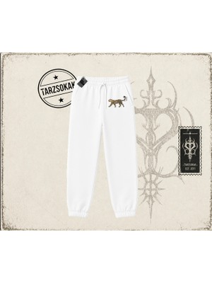 Tarzsokak Kadın Leopar Kuyruk Kurdele Unisex Jogger Eşofman Altı Beyaz