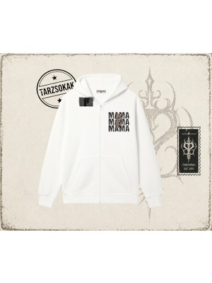 Tarzsokak Kadın Mamamama Oversize Unisex Hırka & Çeket Fermuarlı Sweatshirt Beyaz