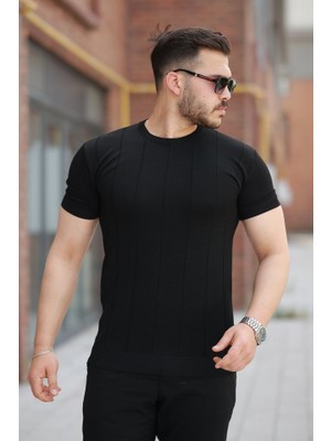 Mrayss  Erkek Ince Çizgi Dokulu Bisiklet Yaka Kısa Kollu T-Shirt