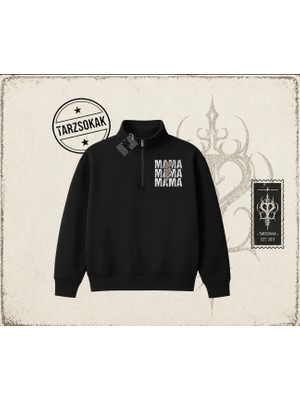 Tarzsokak Kadın Mamamama Unisex Polo Yaka Yarım Fermuarlı Sweatshirt Beyaz