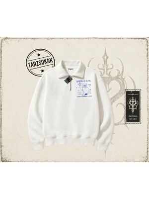 Tarzsokak Kadın Karma Is A Cat Unisex Polo Yaka Yarım Fermuarlı Sweatshirt Beyaz