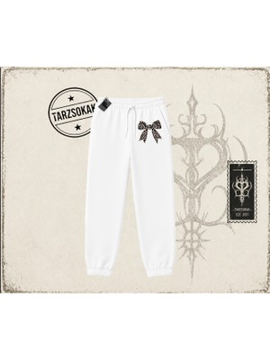 Tarzsokak Kadın Leopar Kurdele Unisex Jogger Eşofman Altı Beyaz