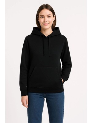 Silerra Kadın 3 İplik Pamuklu Kapüşonlu Kanguru Cepli Sweatshirt hoodie - Siyah