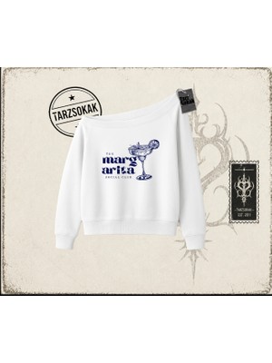 Tarzsokak Kadın Margarita Social Club Kadın Kayık Yaka Sweatshirt Beyaz